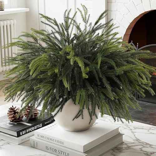24PCS Christmas Norfolk Pine Stems Real Touch Branches Greenery Decorations
