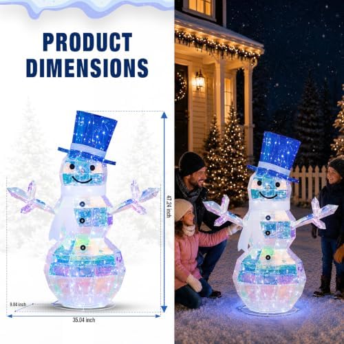Hykolity 4 FT 2.5D Iridescent Prismatic Lighted Snowman, Outdoor Christmas Snowman Decoration with 100 Cool White LED Lights, Top Hat and Scarf for Yard, Lawn and Porch