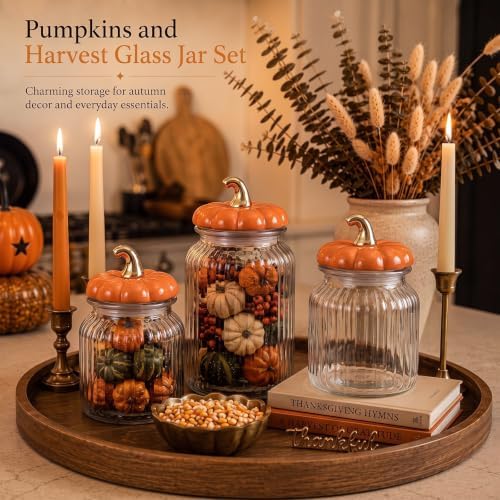 Mimorou 3 Set Fall Pumpkin Glass Jar with Pumpkin Airtight Ceramic Lid 44 oz 33 oz 22oz Clear Candy Jar Food Storage Canister for Thanksgiving Party Tea Cookie Table Decoration(Orange, Glass Jar)