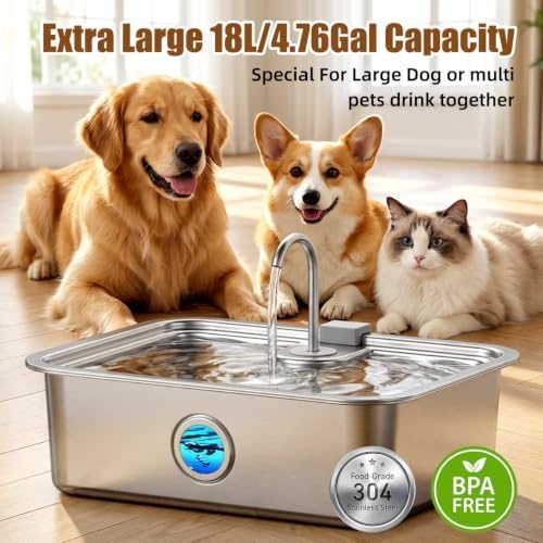 Casfuy ZT-80 Ultra-Large Quiet Stainless Steel Dog Water Fountain, 4.75-gal