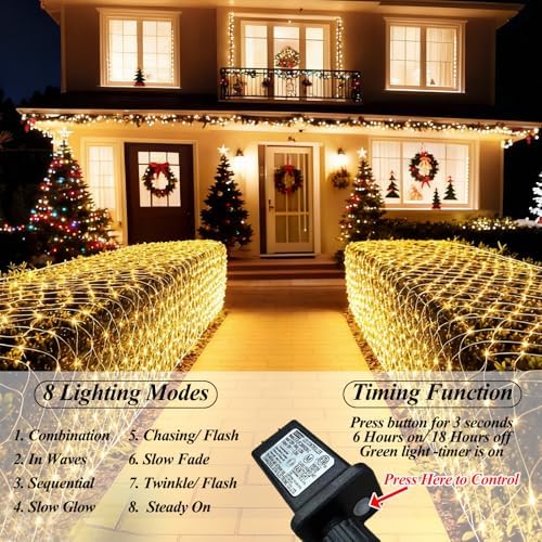 510 LED Christmas Net Lights, 28ft x 5ft Mesh Lights Outdoor Clear Wire 8 modes, Waterproof Connectable String Lights Plug in for Xmas Tree Bushes Garden Holiday Party Decorations - Warm White