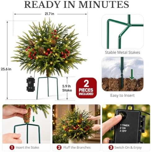 2 Pack 25.5 Inch Outdoor Lighted Christmas Trees, Yard Holiday Decor