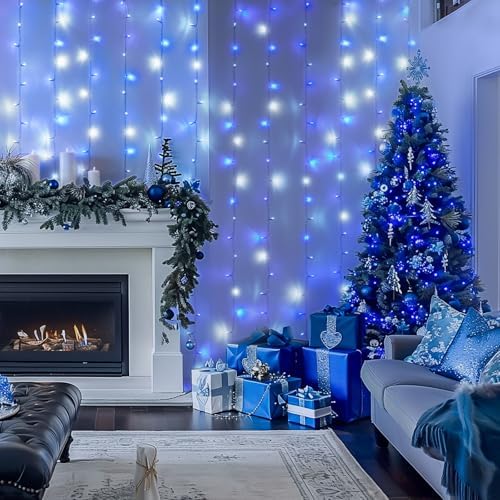 JMEXSUSS 300LED Christmas Curtain Lights Plug in, Blue and White, 9.8x9.8ft