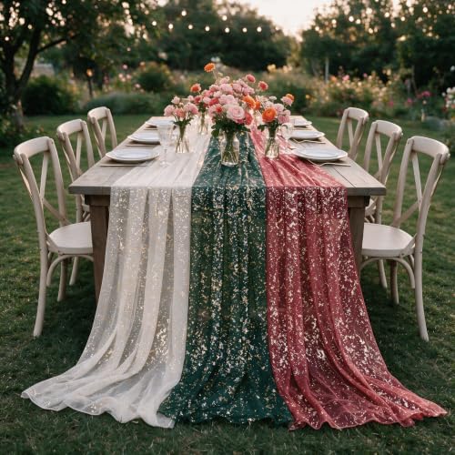 Artoid Mode 6PC Beige Red Green Gauze Table Runner 120 Inch 10FT, Glitter Metallic Foil Sheer for Wedding Anniversary Holiday Birthday Home Party Decor