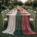 Artoid Mode 3PC Beige Red Green Gauze Table Runner 120 Inch 10FT, Glitter Metallic Foil Sheer for Wedding Anniversary Holiday Birthday Home Party Decor