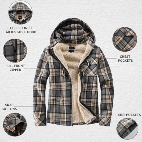 Elesuit Men's Full Zip Fleece Flannel Jacket Shirt Plaid Cotton Hoodie Coat