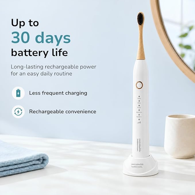 Sustainable Tomorrow Zen Bamboo Electric Toothbrush, Durable Wood-Grain ABS Handle, Rechargeable w/Plant-Based Soft Bristles, Bamboo Heads, 5 Modes & 30-Day Battery (White)