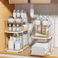 Delamu 2 Pack 3-Tier Bathroom Under Sink Organizers and Storage, Multi-Purpose Stackable Pantry Organization and Storage, Pull Out Clear Kitchen Bathroom Cabinet Organizer with Movable Dividers, Beige