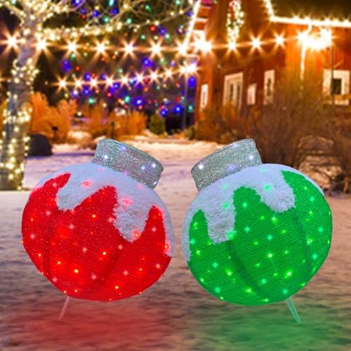 Outdoor Christmas Balls Lighted, 2pcs Pop-Up Christmas Ornaments Outdoor Decorations Prelit 160 Lights with 8 Flashing Effects, Collapsible Light Up Hanging Lantern Ball for Home Yard Decor-Red/Green