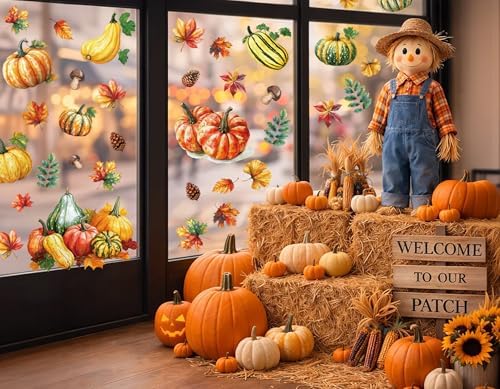 8 Sheets Fall Pumpkin Window Clings, Autumn Window Stickers Decorations