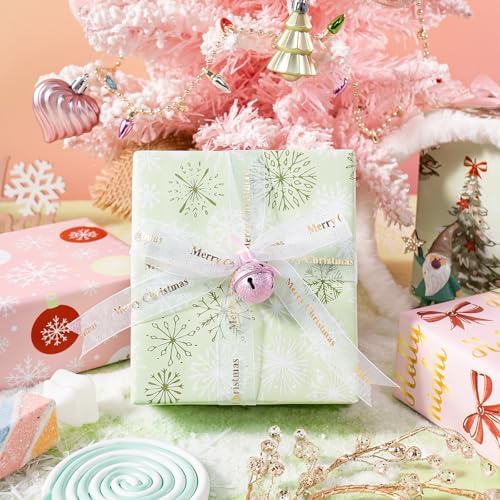 WRAPAHOLIC 30 Inch Christmas Wrapping Paper Roll - Jumbo Roll Light Green and Pink Christmas Tree, Snowflakes and Holly Red Bow Wrapping Paper - 4 Rolls - 30 Inch x 120 Inch Per Roll