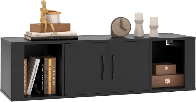Giantex Wall Mounted Storage Cabinet 2 Cube Floating Media Hanging Desk W/2 Doors and 2 Open Shelves, Home Office Furniture for Kitchen, Bathroom, Living Room Floating Console Hutch (Black)
