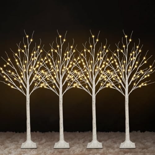 4 Pack 4FT Lighted Birch Trees, 192 LED Twinkling Trees, 2 Lighting Modes