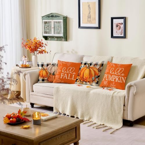 Fall Decor for Home,Fall Pillow Covers 20x20 Set of 4 Rustic Indoor Outdoor Decorations Orange Plaid Throw Pillow Covers,Hello Pumpkin Linen Autumn Cushion Case for Sofa Couch Chair Bedroom