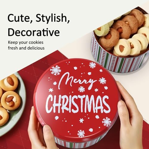 6Packs Merry Chiristmas Style Cookie Tins, Metal Empty Round Cookie Container, Cookie Tin with Lid for Christmas, Red 16.5 * 16.5 * 8.5Cm