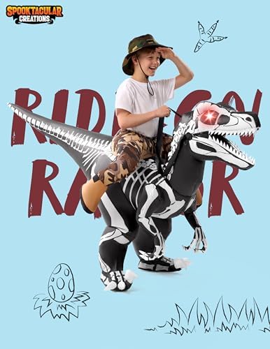 Spooktacular Creations Kids Halloween Inflatable Costumes, Skeleton Raptor Blow up Outfit, Ride on Dinosaur Inflatable Suit
