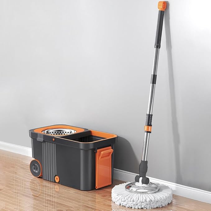Household Cleaning Automatic with 6 Replacement Head Refills Extended Handle Hand-Free Automatic Dehydration Mop Cleaning with Bucket for Household Floor Cleaning (Grey Orange)