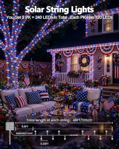 OZS 2 Pack 240 LED 4th of July Solar String Lights, Red White Blue