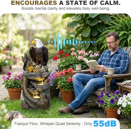 Bald Eagle Outdoor Fountain, 40.5" H Large Cascading Waterfall Feature