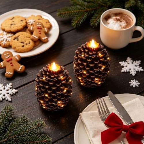 Wondise Pine Cone Flameless Candles with 6H Timer String Lights
