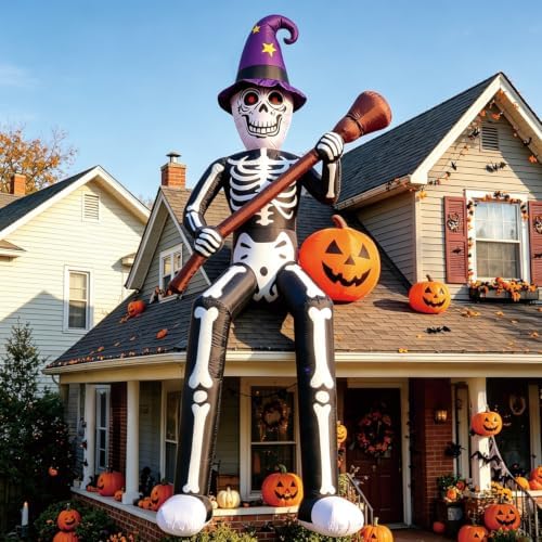 DomKom 12 FT Halloween Inflatables Outdoor Decorations, Giant Skeleton Wizard Blow up with Broom & Pumpkin, Built-in LED Lights for Yard, Lawn, Garden, Party Decor