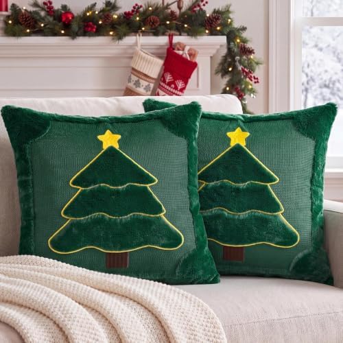Softalker Green Christmas Pillow Covers 18x18 Set of 2, Winter Home Decor
