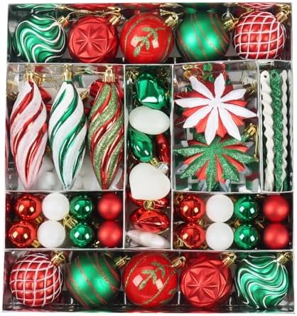 82Pcs Red and Green Christmas Tree Ornaments Set, Shatterproof Christmas Decorations for Tree Assorted Plastic Craft Baubles Snowflake Ball Ornaments for Holiday Party Decor (Red&Green&White)
