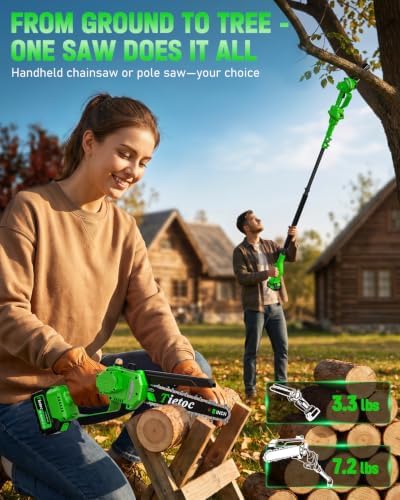 TIETOC 2-in-1 Brushless Pole Saw for Tree Trimming – 8/6" Mini Electric Chainsaw with 2×4000mAh Batteries, Auto Oiling, Tool-Free Adjustment,Cordless Battery Powered Saw for Home Garden Branch Cutting