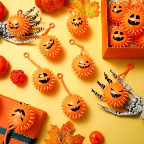 Sotiff 60 Pcs LED Halloween Bouncy Balls Spiky Squeaky Stress, Pumpkin