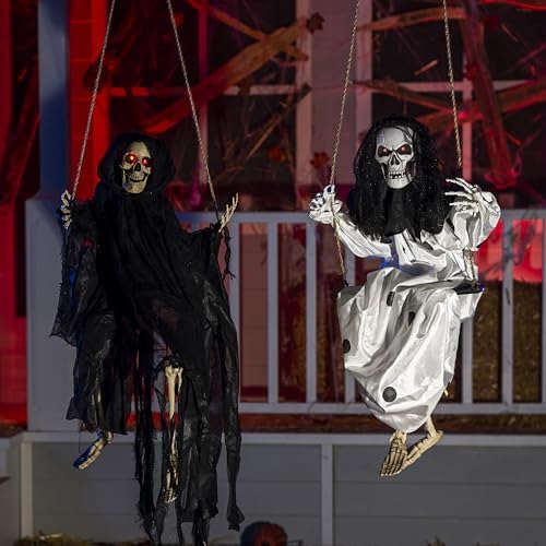JOYIN 2 Pcs Halloween Hanging Swinging Ghosts Decorations Outdoor, Halloween Scary Decor with Lighted Up Eyes, Creepy Swinging Skeleton Flying Props for Yard Patio Lawn Garden