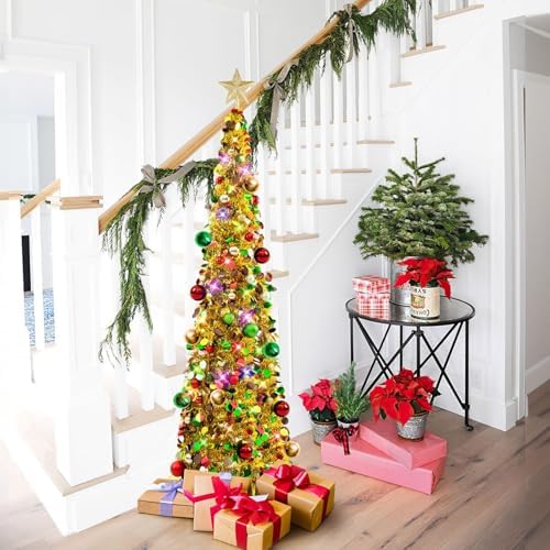 N&T NIETING Pop Up Christmas Tree with Lights, Collapsible Tinsel Xmas Tree Decorations, Pencil Christmas Tree Skinny Tree for Holiday Xmas Home Office Decor, 30 Balls, 5Ft, Gold Mix