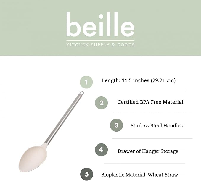 Beille 3pc Wheat Straw Spoons and Ladle Set Cooking Baking Kitchen Utensils, Cream