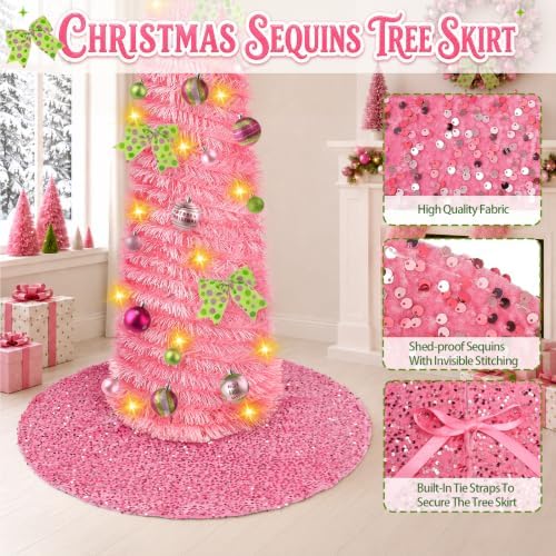 6FT Whimsical Pop-Up Christmas Tree with Lights 30” Tree Skirt, Pink