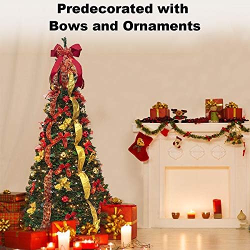 6FT Prelit Pop Up Artificial Christmas Tree Pull with Lights, Decorations, Remote - Red, Gold Ornaments, Bows, Ribbons