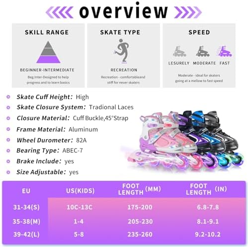 MammyGol Adjustable Inline Skates for Kids Boys Girls Youth Blades Roller Skates with Light up Wheels Ages 4-16