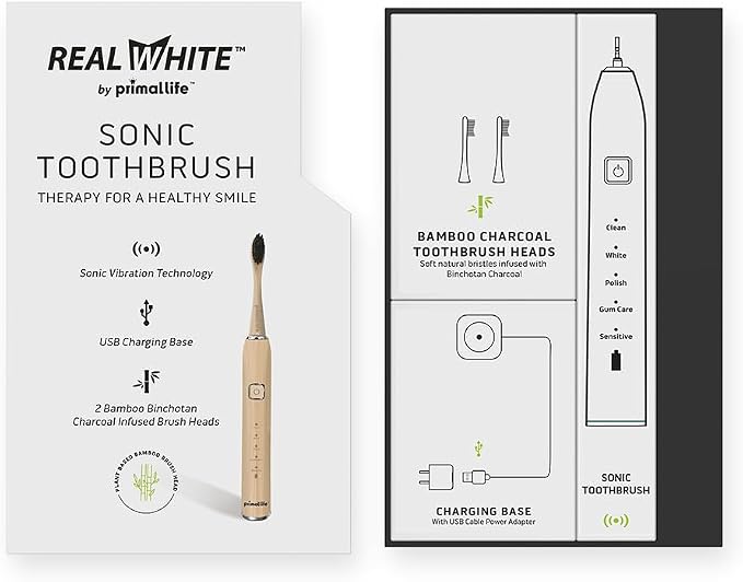 Primal Life Organics - New Real White Sonic Vibration Toothbrush, Bamboo Charcoal Infused Brush, eco-Friendly, Non-GMO