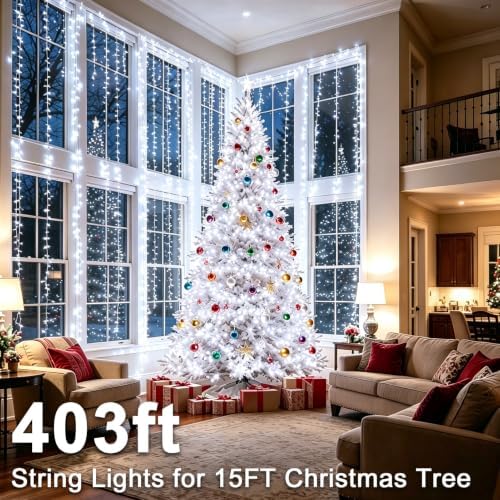 KNONEW 403ft 1000 LED String Lights Outdoor Christmas Lights 8 Modes & Timer Fairy Light Plug in Waterproof LED String Lights for Xmas Yard Tree Wedding Party Holiday Decorations (Cool White)