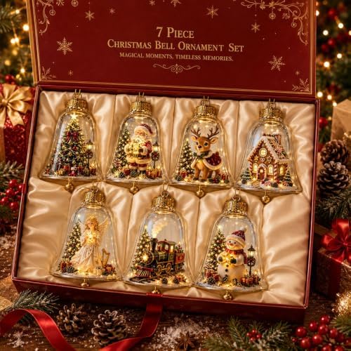 7PCS Glowing Christmas Ornaments - Mini Gold Light-Up Christmas Ball Ornaments - Christmas Tree Ornament with Warm LED Light for Tree Mantel, Holiday Scene Decoration & Gift