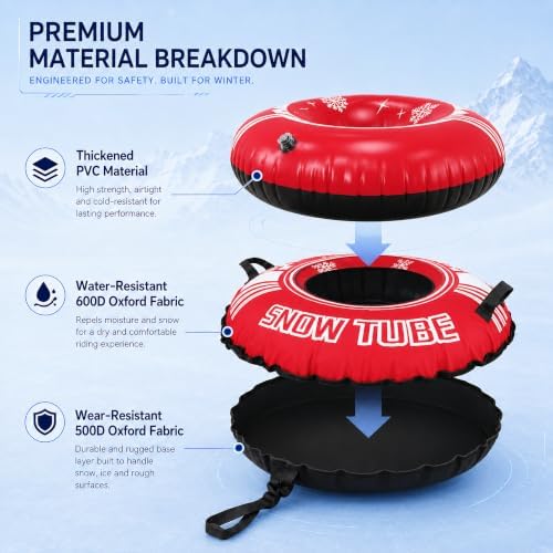 Snow Tube, 44-Inch Heavy-Duty Inflatable Snow Sled for Adults Premium Canvas Cover with Reinforced PVC Bottom
