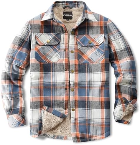 Men's Sherpa Cotton Flannel Shirt Jacket Plaid Button Coat Pocket