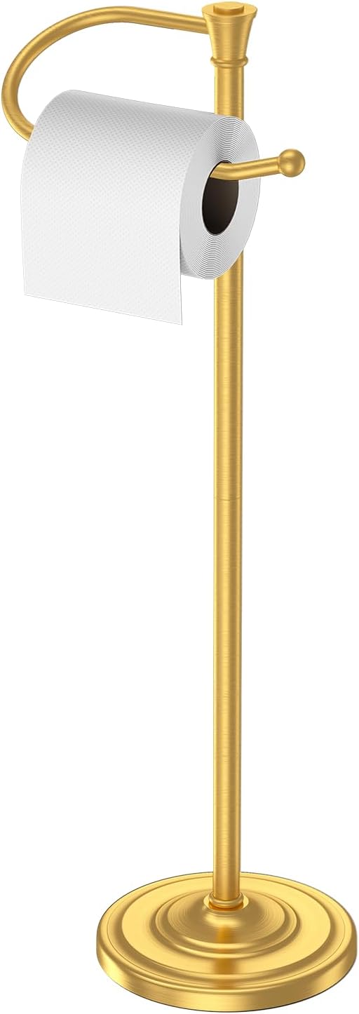 Toilet Paper Holder Free Standing, 25” H Stainless Steel Brass Gold Toilet Paper Stand, Weighted Base Floor Tissue Roll Holder for Bathroom,Toilet Roll Stand