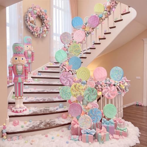 Roowest 20 Pcs 13.78'' Pastel Large Candy Christmas Decorations Giant Lollipop Candy Decoration with Sticks Macaron Peppermint Xmas Decor for Christmas Tree Ornament Holiday Party (Pastel,4 Styles)