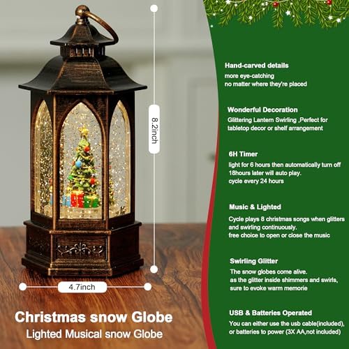Christmas Snow Globe Lantern Water Glittering Christmas Tree Crown with Music, USB Lined/Battery Operated Lighted Lantern for Christmas Festival Decoration Gifts