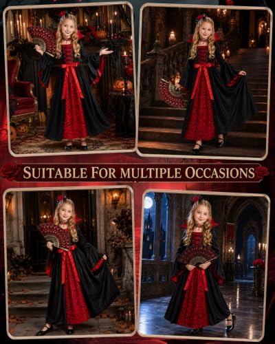 Vampire Costume for Girls 4-12 Years, Gothic Victorian Vampiress Dress Set