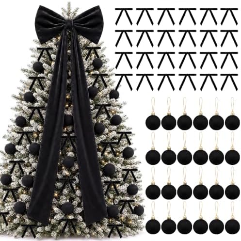 Knitgrip 49 Pcs Black Christmas Tree Decoration Set with Velvet Bow Ball