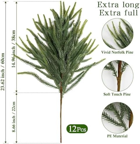 12Pcs Christmas Norfolk Pine Stems, 24'' Real Touch Branches Greenery Picks