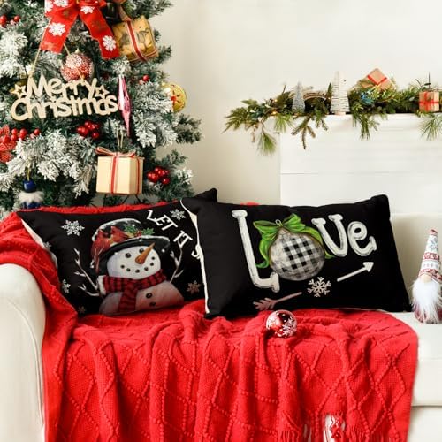 AVOIN colorlife Merry Christmas Let It Snow Love Snowman Black Throw Pillow Covers, 12 x 20 Inch Xmas Tree Holiday Cushion Case Decoration for Sofa Couch Set of 4