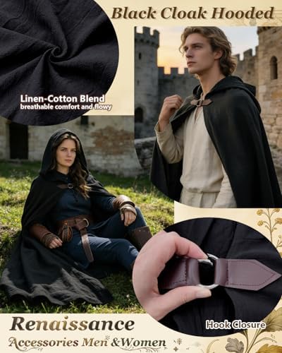 kasahara Renaissance Hooded Cloak Medieval Costume Accessories for Men Women Halloween Costume Cape Belt Pouch Bracers