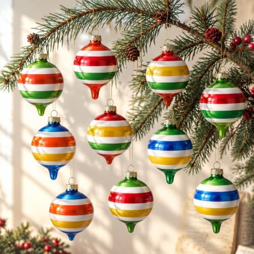 Soulchen 10 Pcs Vintage Glass Christmas Ornaments, Stripes, Festive