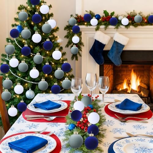 Gemscream 30 Pcs Velvet Christmas Balls, 3.15" Flocked Blue Ornaments, Blue